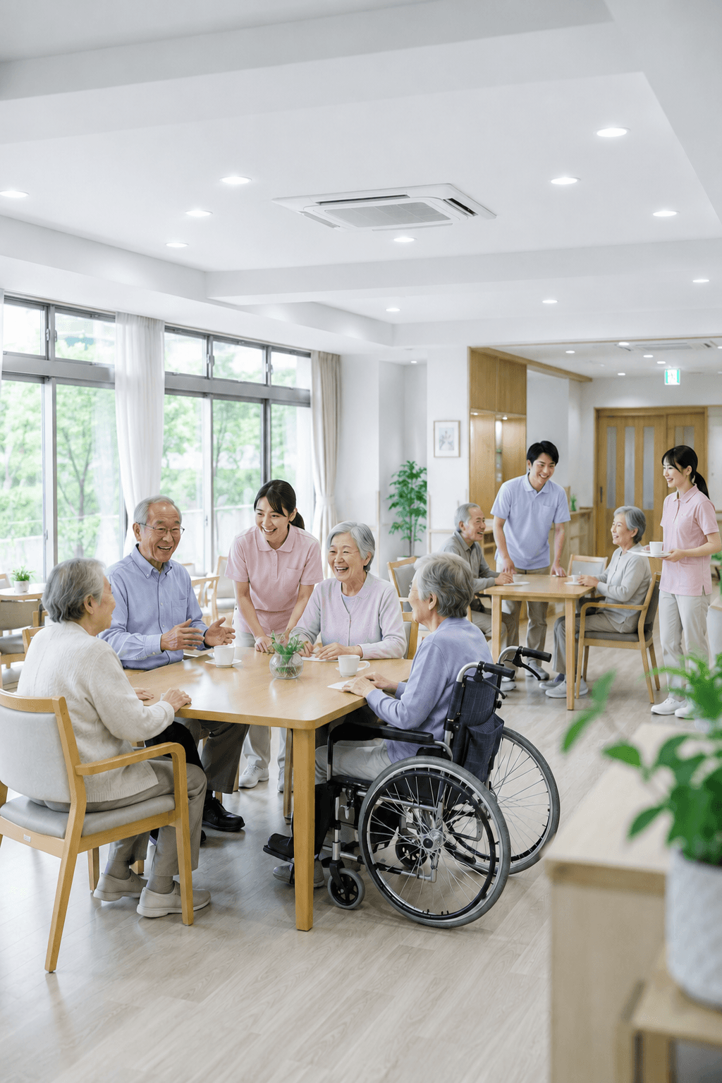 介護施設の食堂の朝。整然と並んだ食事と差し込む自然光